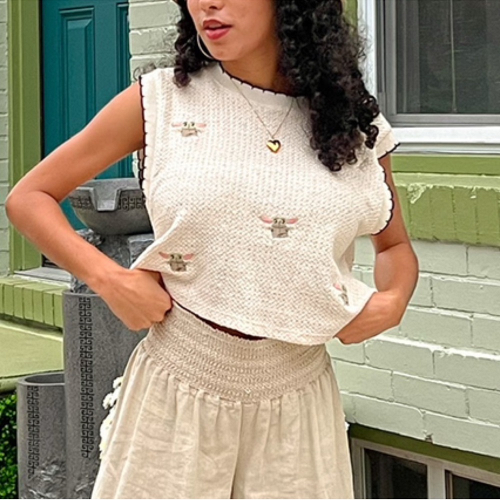 Zara Baby Yoda Cream and tan crochet top with embroidered details size US M